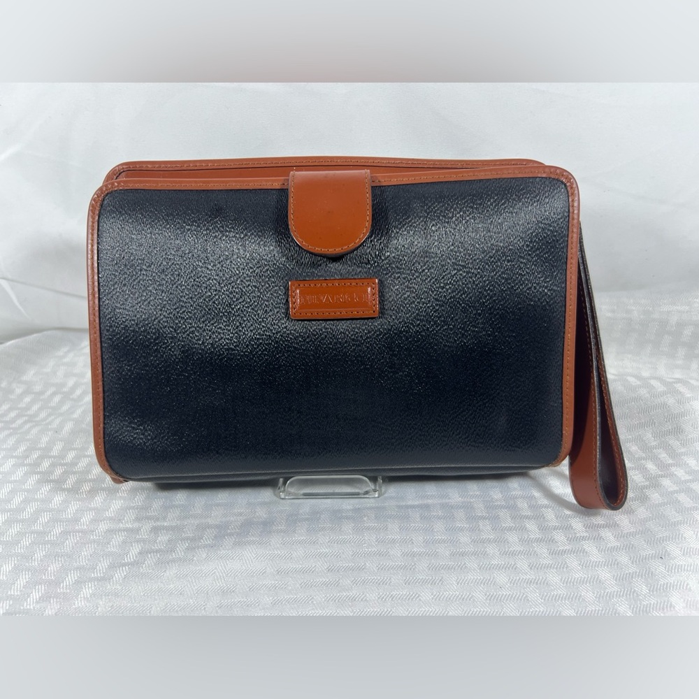 7057: Vintage Nina Ricci Black & Cognac Leather Wristlet Clutch